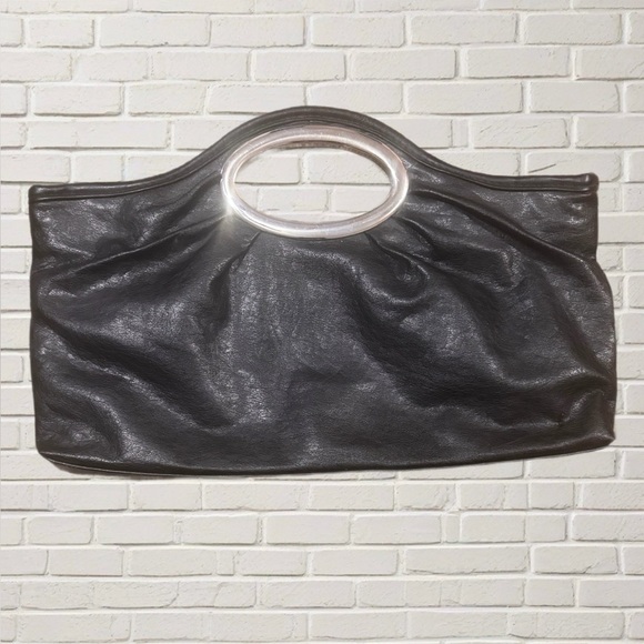 Handbags - 80s Minimalist Purse Black Faux Leather Clutch Bag with Oval Handles – 13x8